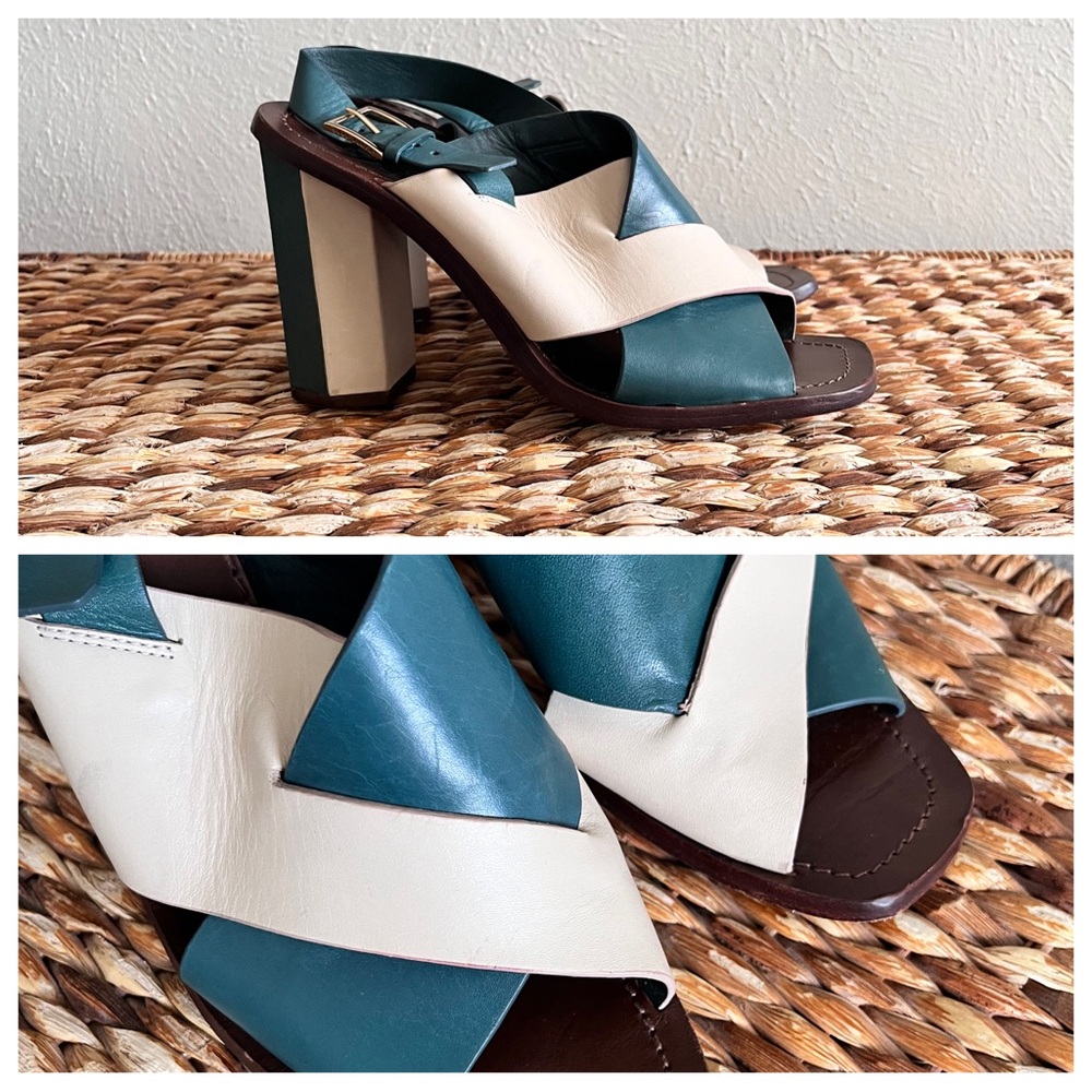 Tory Burch teal green white cream Colorblock Heel geometric sandal sling back 8